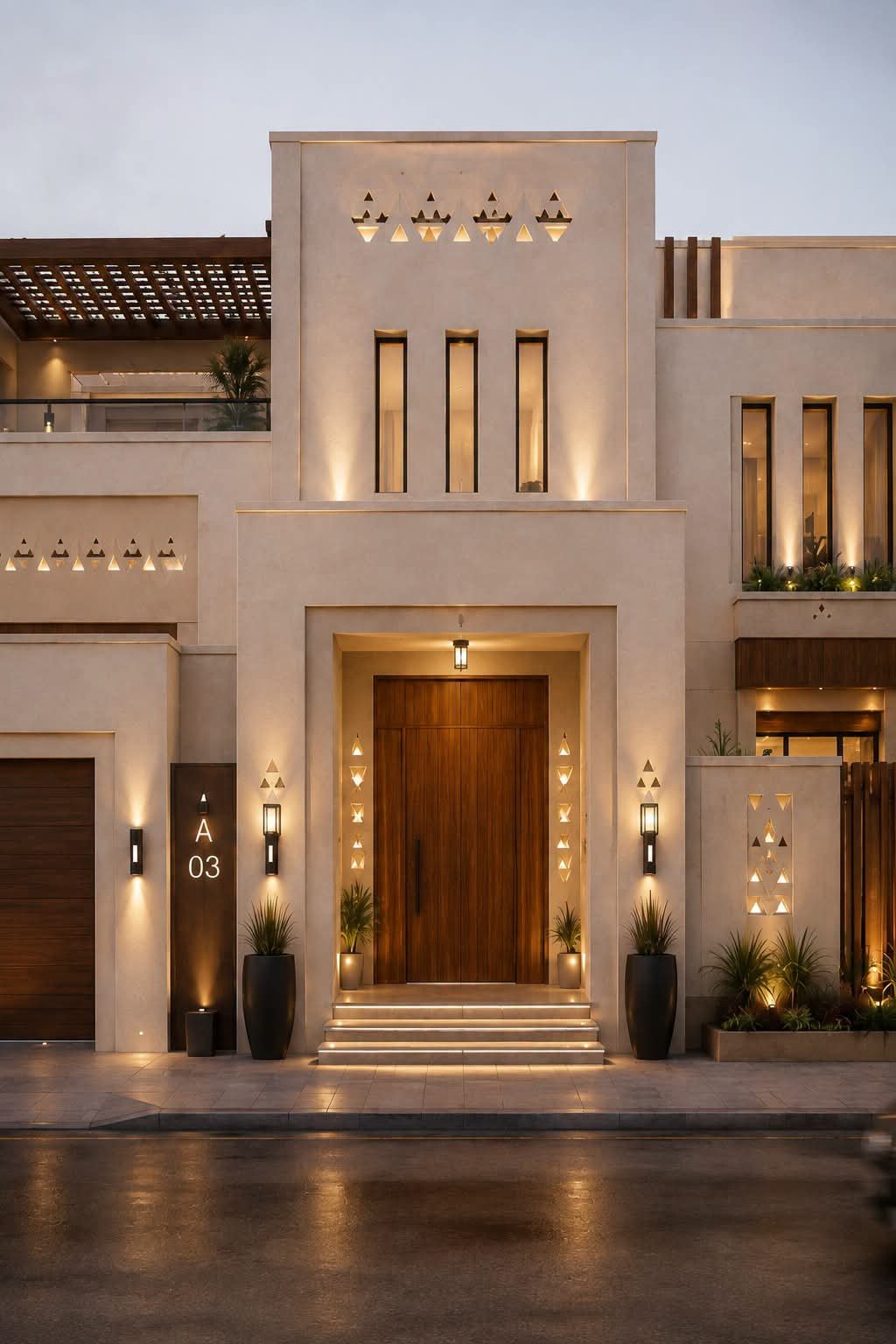 Modern building facade at dusk