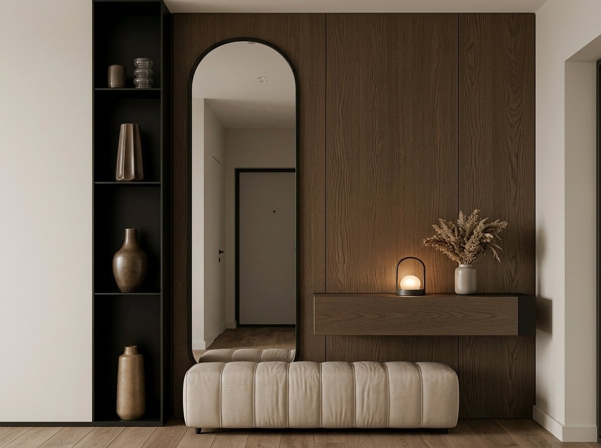 Elegant finished interior living space with refined lighting